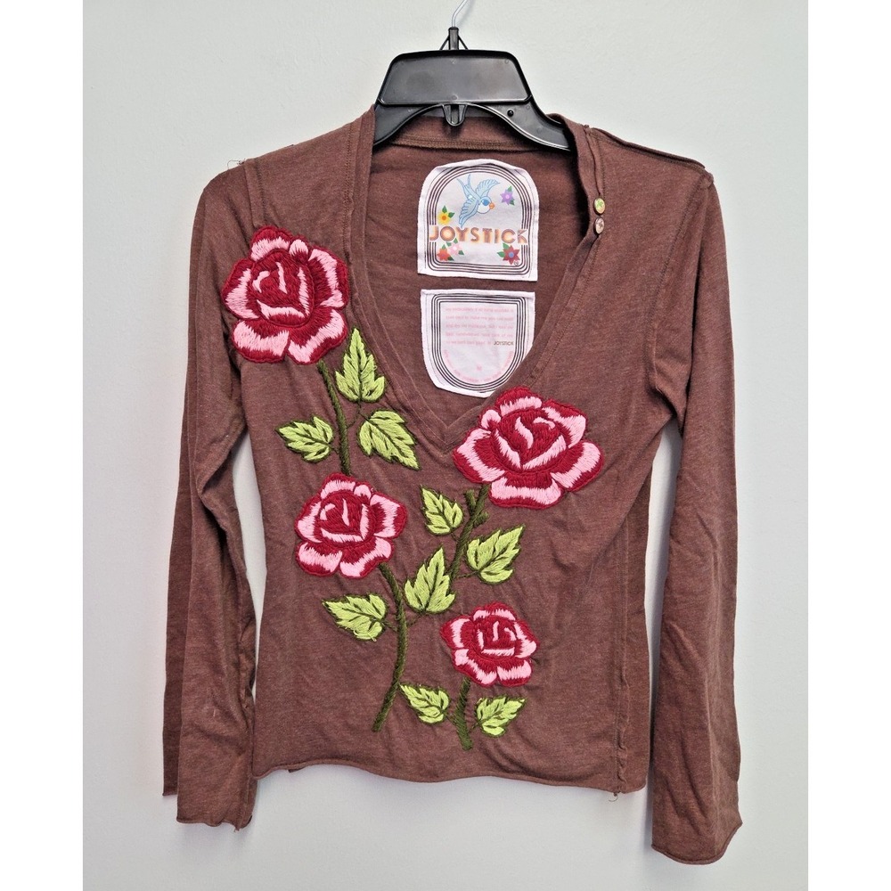 Joystick Johnny Was Roses Floral Hand Embroidered Top Sz M T-shirt Brown Boho